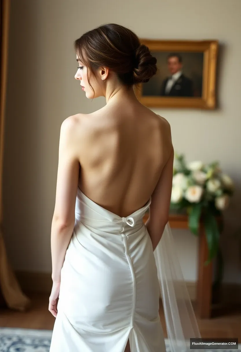 A short young woman, sensitive, delicate, wearing a backless strapless side-less low-waisted contouring wedding dress with a breezy loose open back spilling open to the sides, that seems like it was intentionally left undone. Submission to the patriarchy. Expectations. Perfect posture. Pale skin.