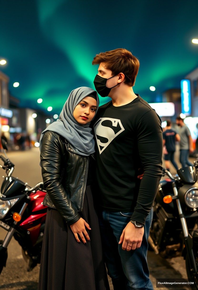 Jamie Dornan, tall, young, wearing a black face mask, a long-sleeve black Superman T-shirt, and jeans,

dating romantically a grey hijab-wearing Muslim girl with beautiful eyes, also wearing a black face mask, a leather jacket, and the longest, biggest skirt, not a tall girl,

lying on his shoulder, standing near motorbikes for photography, Suzuki Panther model, in town, photorealistic, street photography, night scenery, aurora borealis.