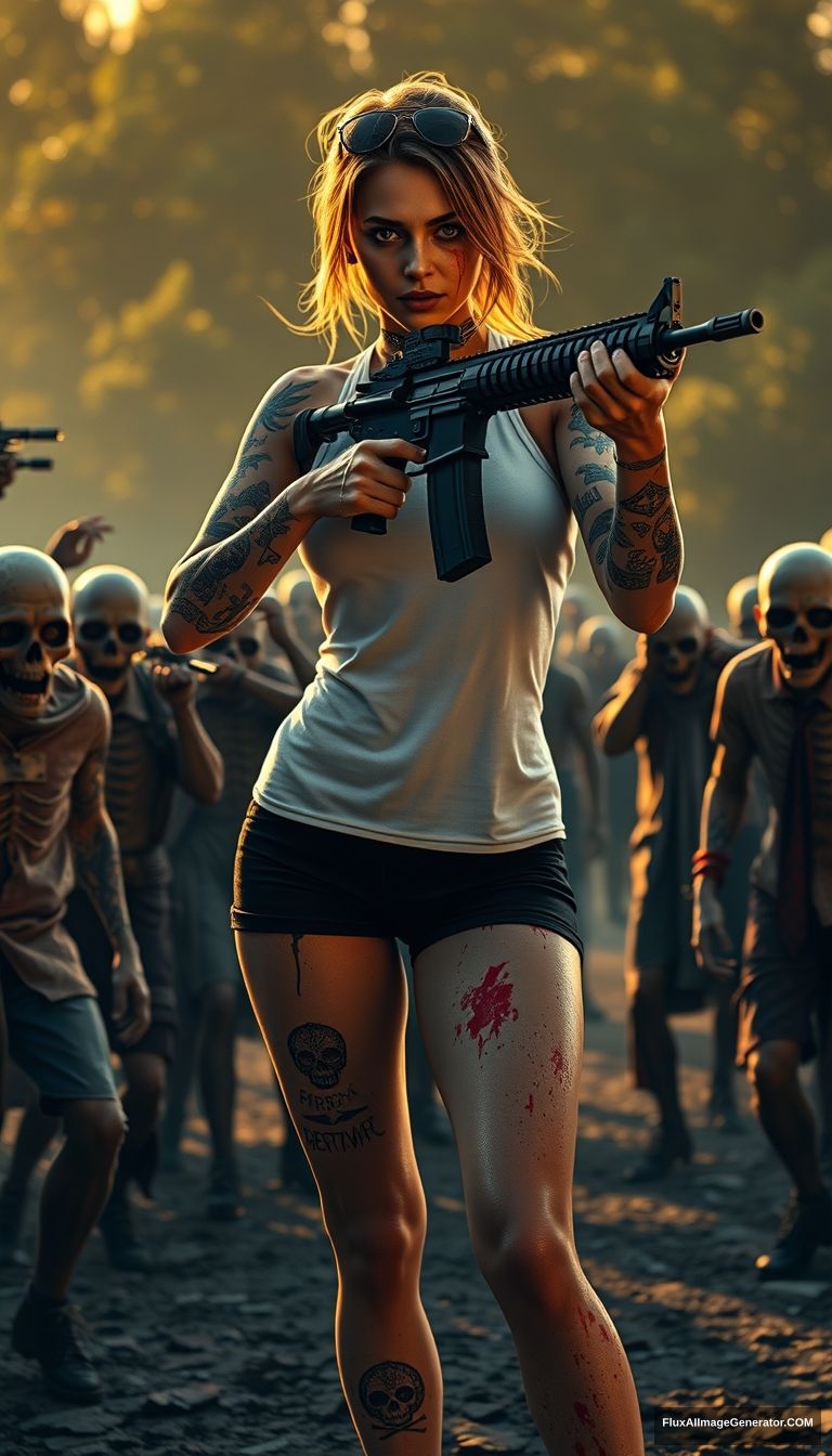 Portrait of a sexy woman in a white vest and black shorts, with many gypsy-style skull pattern tattoos on both arms and legs, arms showing scratches, splashes of blood on both arms and legs, holding an AR-15 rifle with both hands, aiming, surrounded by scary zombies in different clothes, golden hour lighting, ray tracing, global illumination, 4K. - Image