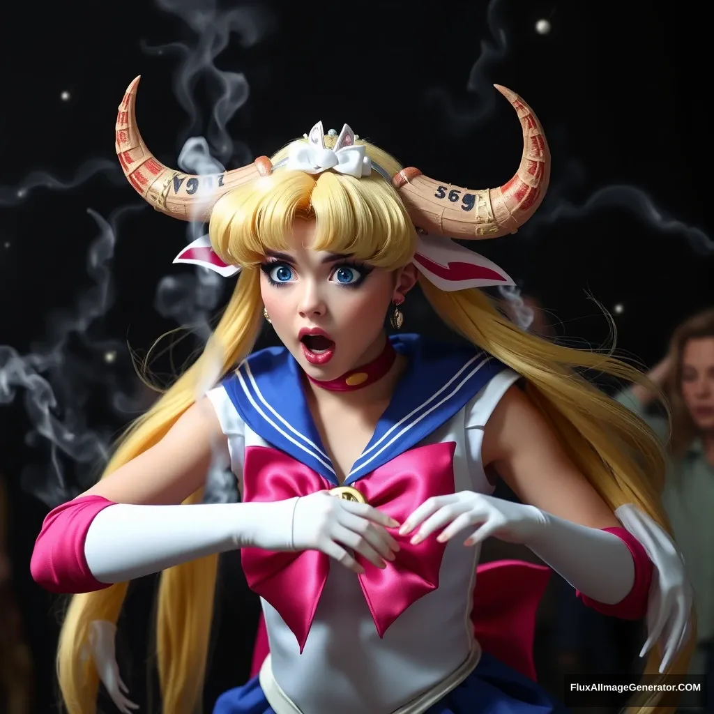 The photograph of real-life Sailor Moon excellently captures her panicking and freaking out as a Nega-verse spell turns her into an obscene bovine hybrid. - Image