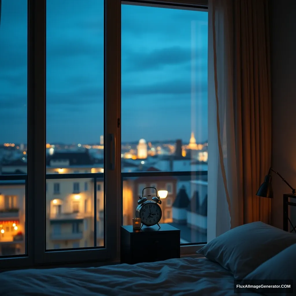 Glass window, modern bedroom apartment in France, lantern lighting, night scenery, 2:00 AM on a small clock at a small desk behind the bed, hyper-realistic, photorealistic.