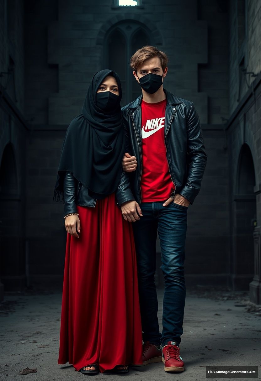 A girl in a large black hijab, with beautiful eyes, wearing a black face mask, a black leather jacket, and the longest, biggest red dress, not tall, standing near him with love, holding his arm.

Jamie Dornan, handsome, youngest, wearing a black face mask, fit and tough body, Nike red t-shirt, black leather jacket, jeans, red sneakers, tall man, standing near her.

Hyper-realistic, photorealistic, studio photography, Victoria's abandoned castle, gloomy.