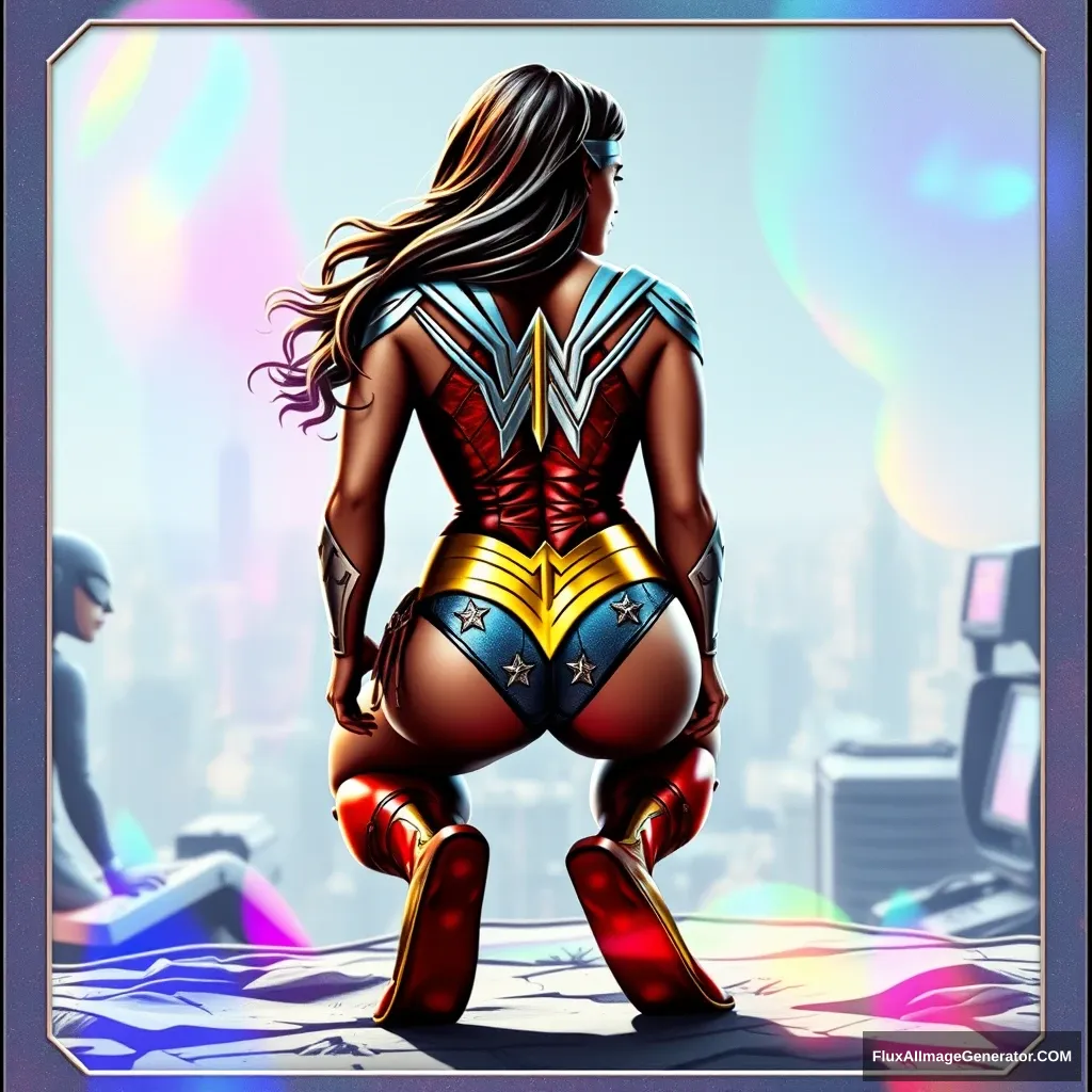 Big chested, 300-pound Wonder Woman character seen from behind in a crouching Spider-Man position in the year 2099. Full body image from head to toe in a metallic holographic trading card print with an extra holographic 3D look.