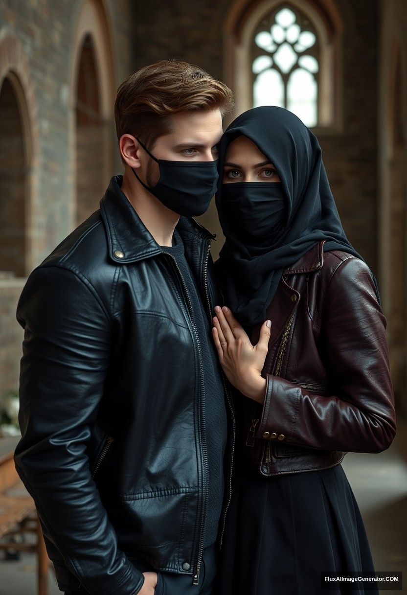 Jamie Dornan's head and body shot, handsome, face mask black, black leather jacket, dating, love with the biggest black hijab Muslim girl, not tall, beautiful eyes, face mask, maroon leather jacket, biggest black skirt, hyper-realistic, studio photography, full body photo, explore at abandoned castle.