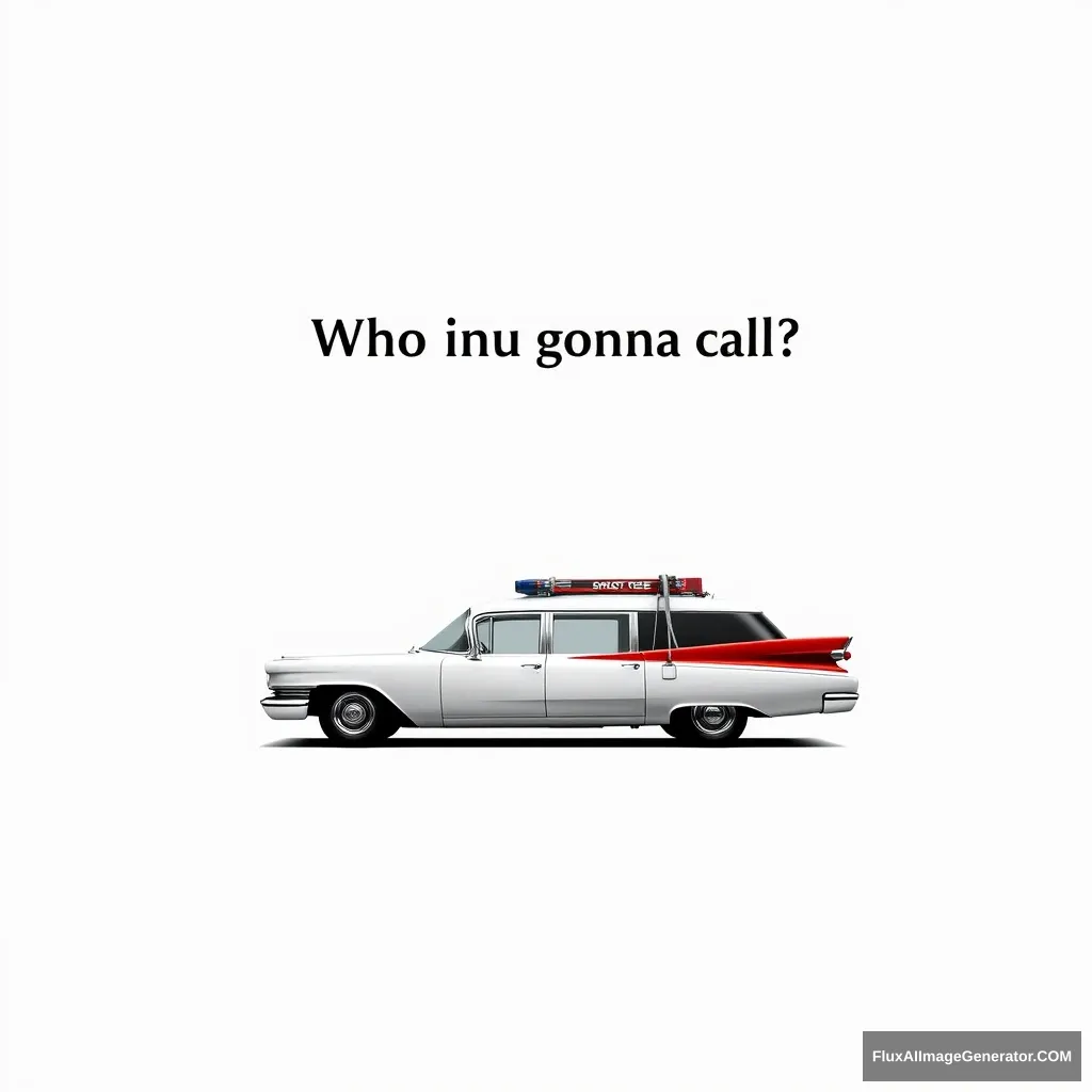 Long form print ad on light gray background, minimalistic, photography of Ghostbusters car, headline says "Who you gonna call?" in beautiful Garamond typography.