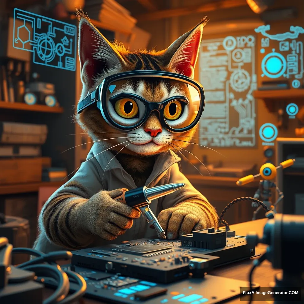 A mischievous Pixar-style tabby cat, wearing oversized safety goggles, delicately wields a comically large soldering iron. In a warm, cluttered workshop bathed in soft, amber light, the feline technician meticulously repairs a complex motherboard, surrounded by floating holographic schematics and quirky robotic helpers. - Image