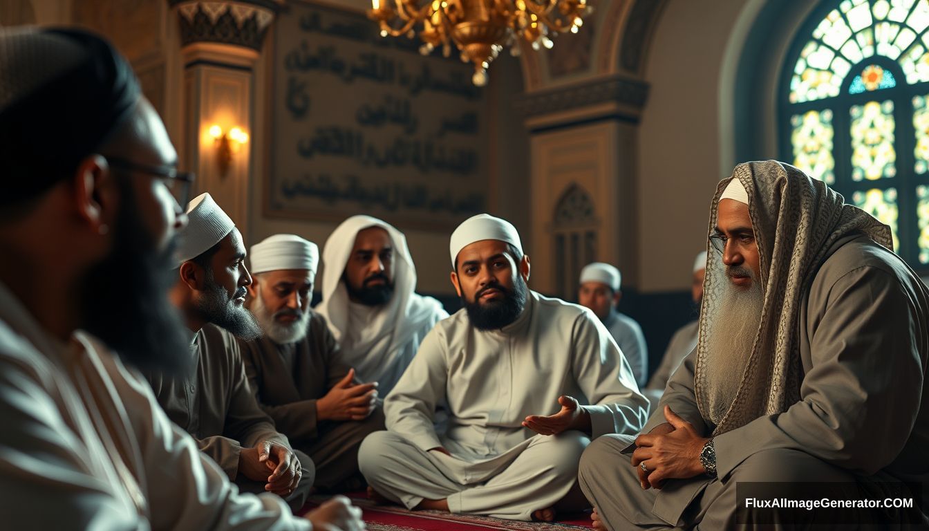 A group of Muslims discussing in an Ultra HD, realistic, educational setting, with warm and cinematic lighting.