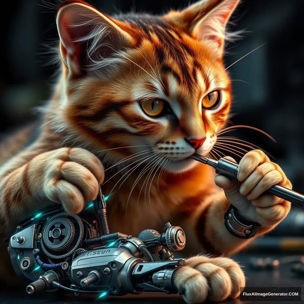 A cybernetic feline with lifelike fur meticulously repairs its exposed mechanical leg, wielding a precision screwdriver. Intricate gears, pulsing circuits, and shimmering fiber optics intertwine within the limb. Hyper-realistic details capture every whisker, reflecting workshop lights on polished metal components. Determination gleams in its eyes.