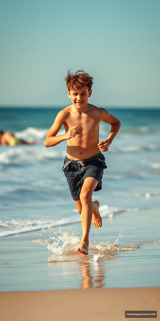 shirtless teen boy at the beach running