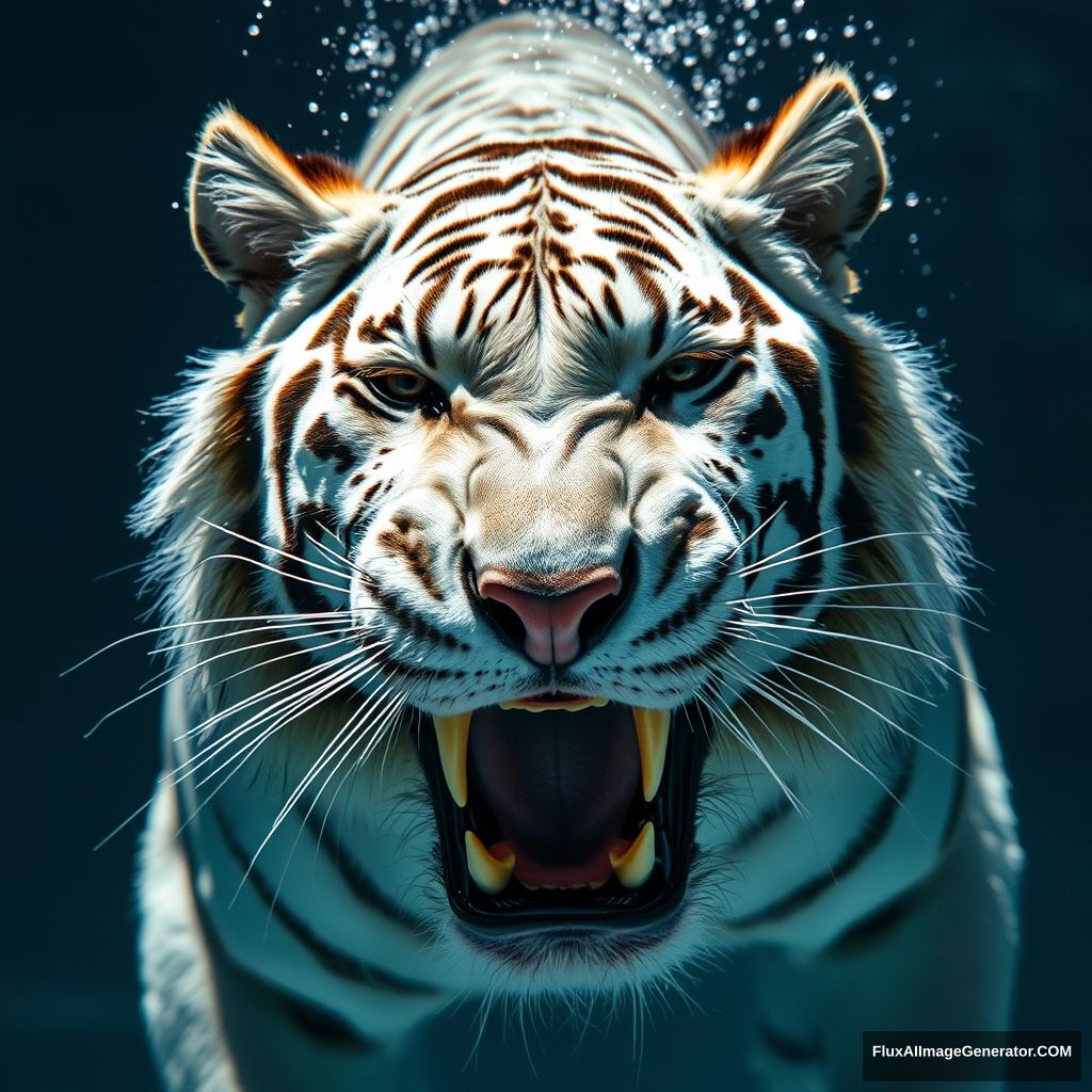 A white tiger with sharp teeth in bright light, hyper-realistic, diving underwater, wet and drenched fur, dark white and amber.