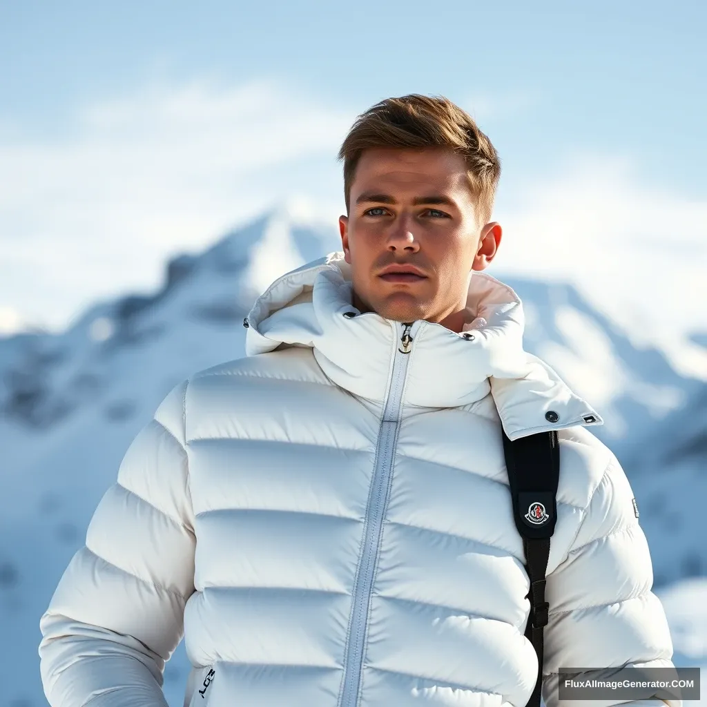 handsome white guy wearing Moncler, snowy mountain background. Moncler logo should be shown clearly. - Image