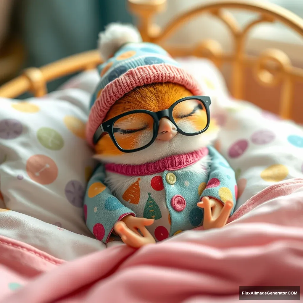 Very small, chubby, cute, sweet little Kawaii bird with glasses, a beanie, and colorful pajamas in its beautiful Kawaii bed sleeping.