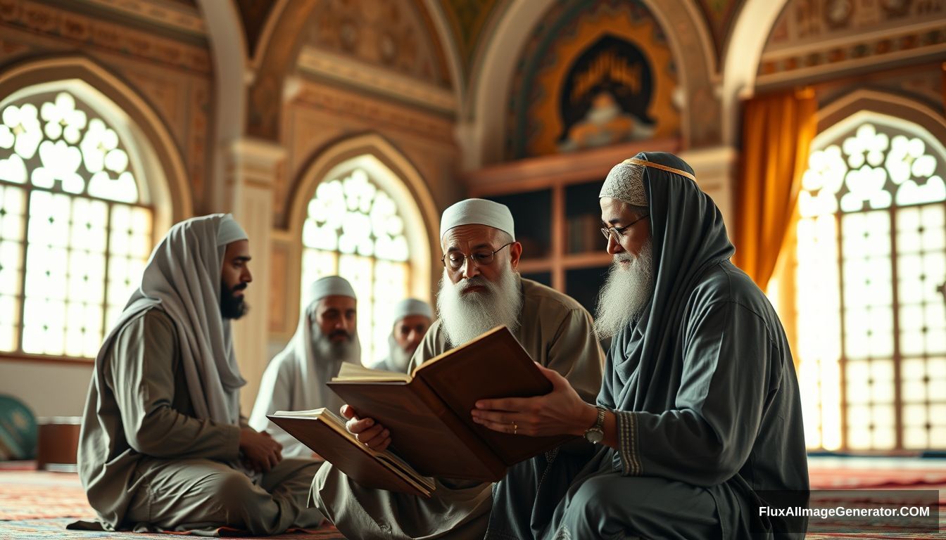 A group of Muslims earnestly studying and discussing the teachings of Prophet Muhammad (SAW), set in a tranquil and scholarly environment. Ultra HD, realistic, educational, with warm and cinematic lighting. - Image