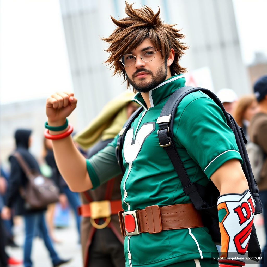 Full Body Picture of Long Brown Haired and Short Bearded Guy cosplaying as Deku of My Hero Academia