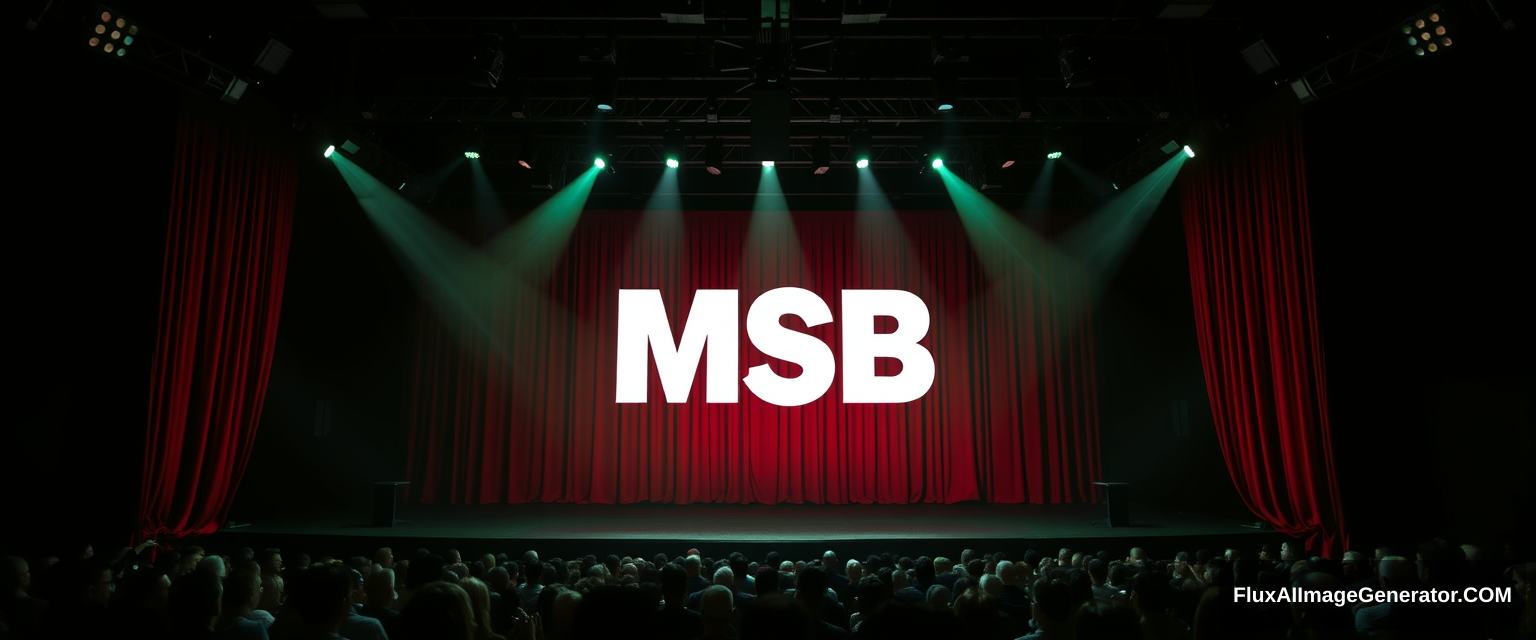 music stage, spot lights, dark green color tone, large audience, red curtain, inspired by the logo in the following link: https://cdn.haitrieu.com/wp-content/uploads/2022/02/Logo-MSB.png - Image