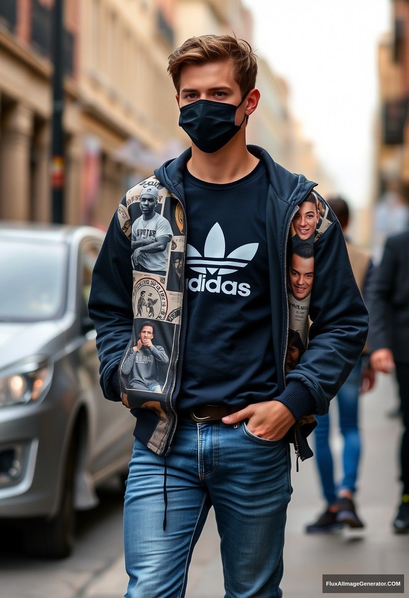 Jamie Dornan, youngest, black face mask, dark blue Adidas t-shirt, collage jacket, jeans, black sneakers, fit body, photorealistic, street photography