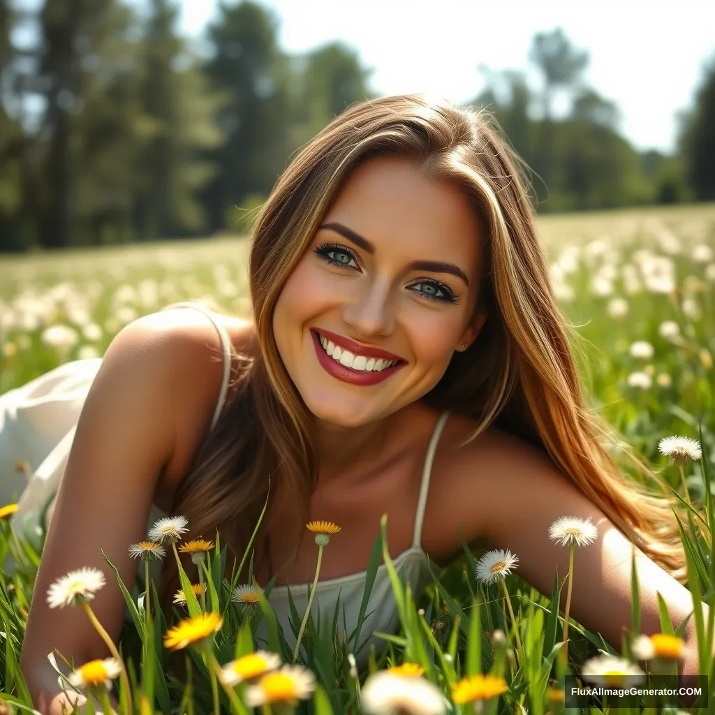 breathtaking fit woman, Karina Doherty, big smile, long brunette hair with blonde highlights, hazel eyes, lightly tanned skin, wearing a gorgeous spaghetti strap dress, lying in a grass field full of dandelions, trees in the background, warm sunny day. award-winning, professional, highly detailed.