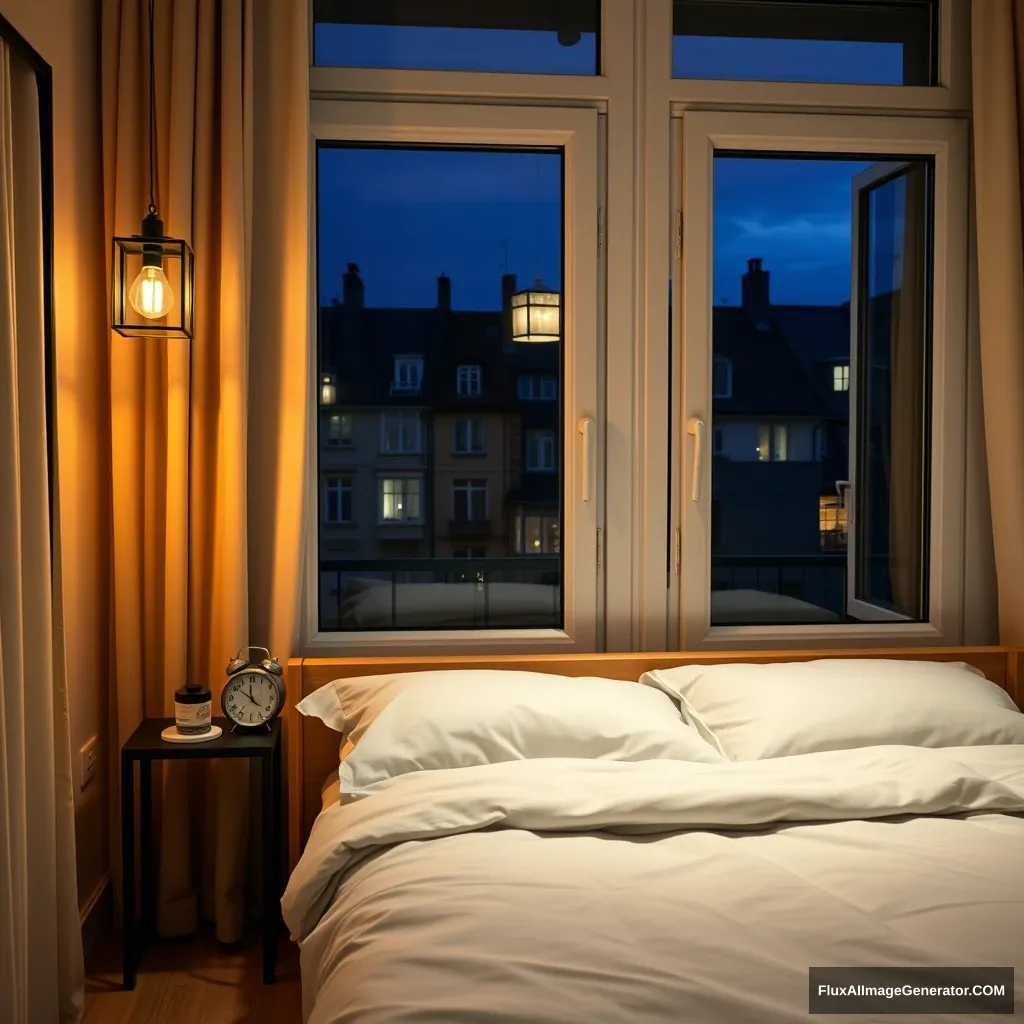 Glass window, modern bedroom apartment in France, lantern lighting, night scenery, 2:00 AM on a small clock on a small desk behind the bed, hyper-realistic, photorealistic. - Image