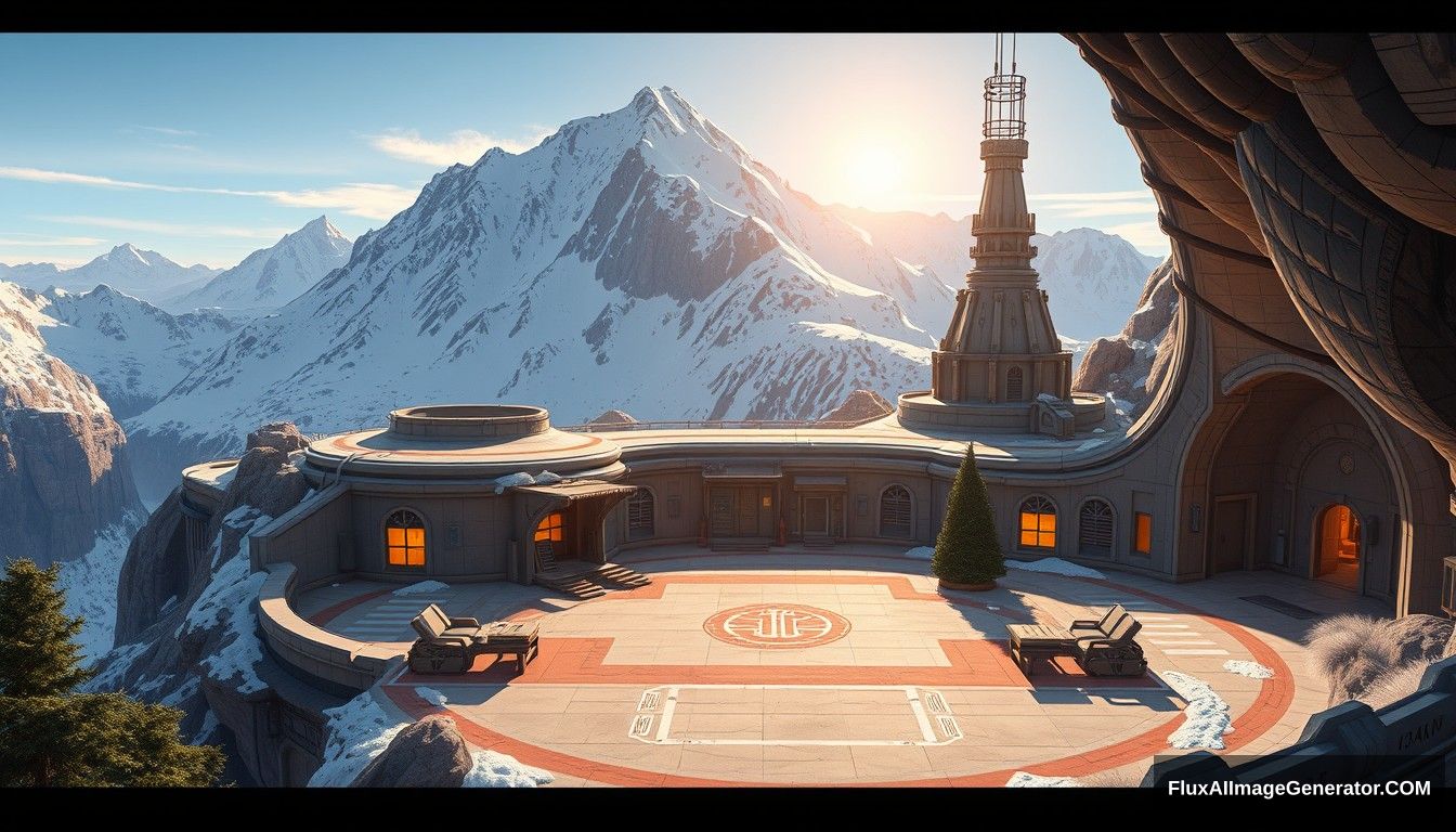 Cel shaded art, wide shot, a sci-fi center on the top of a snow mountain, open air, close look, cyberpunk, military base, Star Wars style, indoor, patio, morning, sunlight, fortress, mountain, rock, snow, tarmac, parking apron, cave, tree, landing field, cliff, round shape, tower.