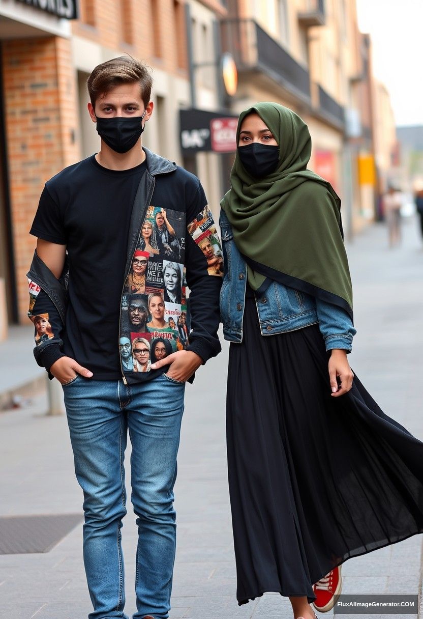 Jamie Dornan, young, black face mask, black T-shirt, riot collage jacket, jeans, red sneakers, dating a romantic love with a Muslim girl in army green hijab, beautiful eyes, black face mask, denim jacket, longest skirt, not a tall girl, photorealistic, street photography, full photography. - Image