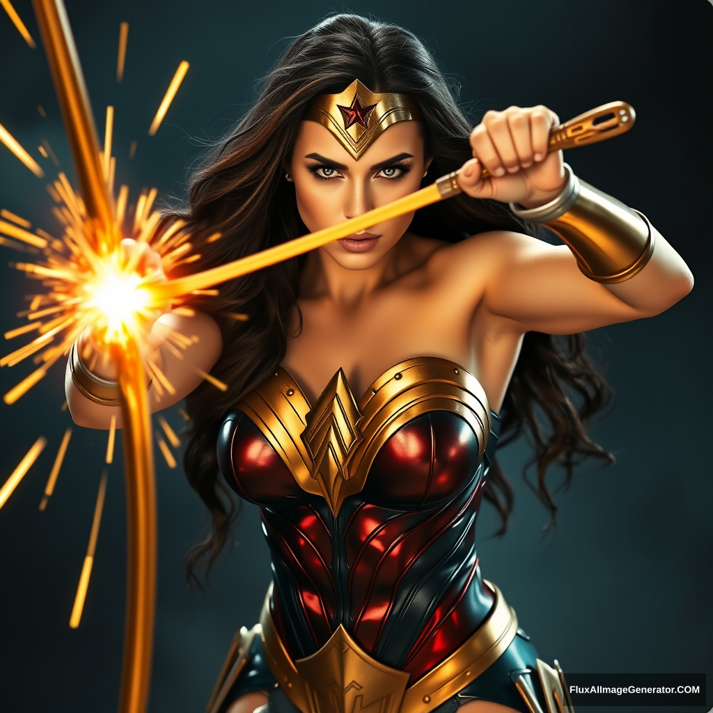 Wonder Woman real-life female, cracking her golden glowing whip, hyper-realistic photo, dramatic. - Image