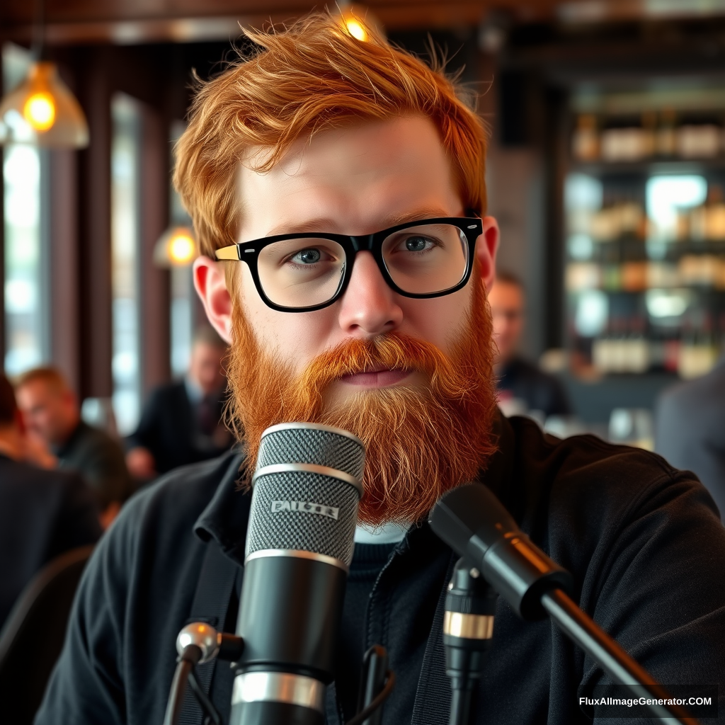 Ginger-haired boom mic audio tech with beard and glasses in a wine bar seen from a distance. - Image