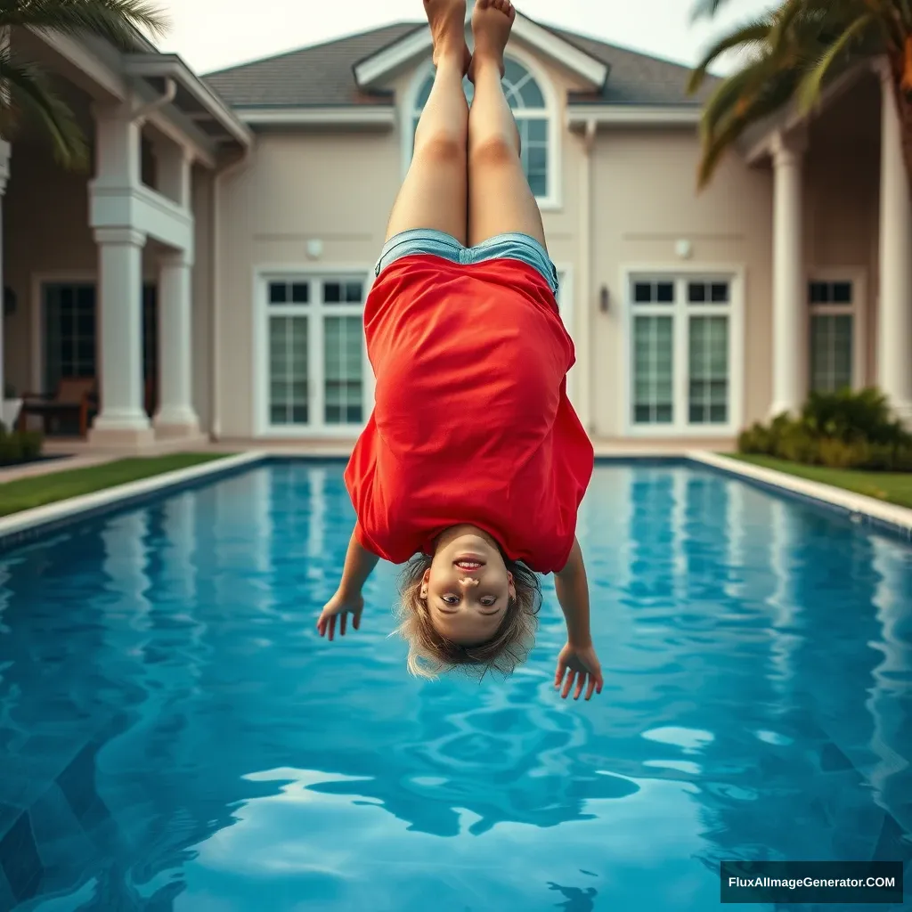 Front view of a young blonde skinny woman who is in her early twenties is in her massive backyard wearing a massively oversized red polo t-shirt which is a bit off-balance on one of the shoulders, and the bottom part of her t-shirt is tucked in on all sides. She is also wearing small light blue denim shorts and she is wearing no shoes or socks. She jumps into her massive luxurious pool head first, making her go upside down, and her head and arms are in the pool.