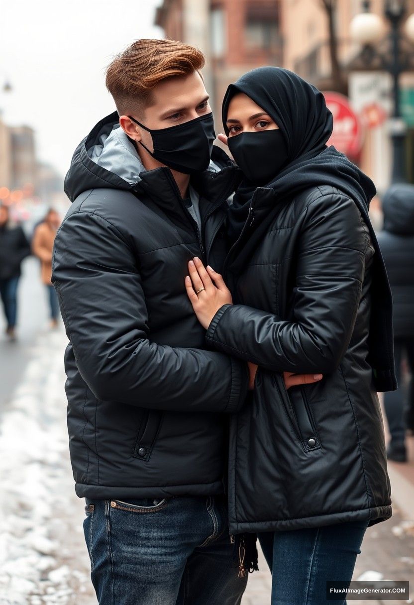 Jamie Dornan, handsome young man, black face mask, snow jacket, jeans, dating a beautiful Muslim girl in a black hijab with beautiful eyes, black face mask, black leather jacket, winter scenery, standing together near the road in town, pinching each other's cheeks, photorealistic, street photography. - Image