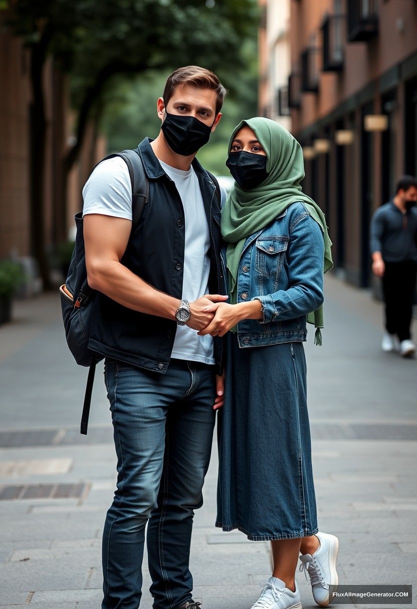 Jamie Dornan, handsome, black face mask, white T-shirt, jeans, sneakers, dating romantically with a Muslim girl in a green hijab, beautiful eyes, black face mask, denim jacket, longest skirt, not tall girl, holding hands, photorealistic, street photography, full photography, selfie photos.