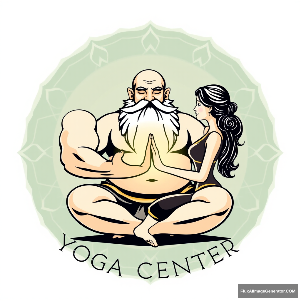 Yoga Center logo: a muscular large bald dwarf with a beard in the lotus position exchanges energies with a woman. - Image