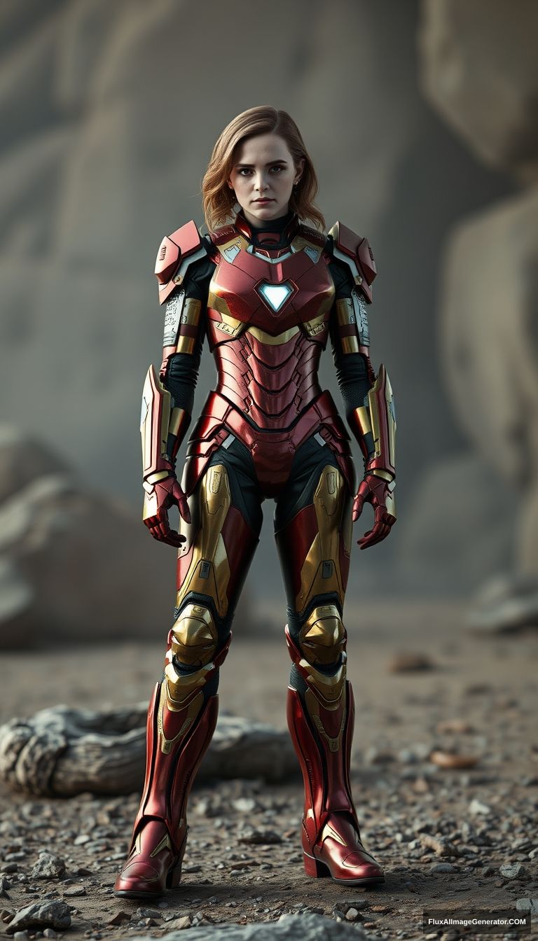 Emma Watson wears Iron Man styled armor, red-gold metallic boots, 8K, Unreal Engine.