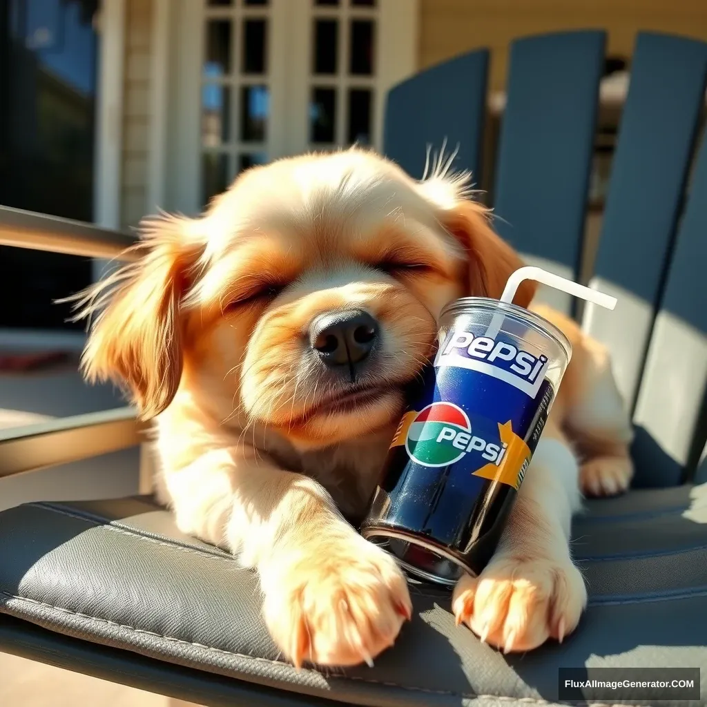 A little dog, drinking Pepsi with a straw, got drunk and fell asleep on the chair in front of the house, with sunlight shining down from the upper left.