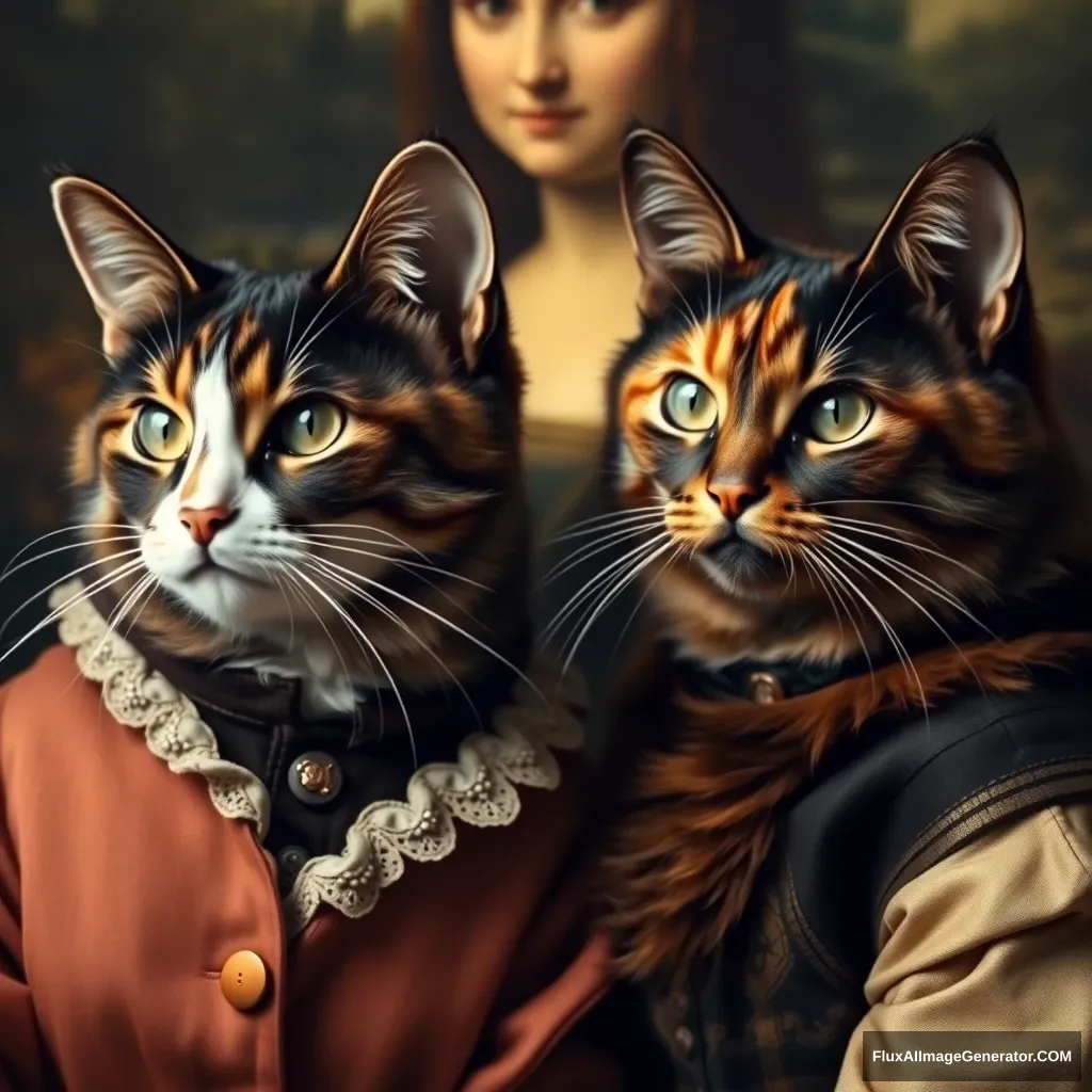 Portrait of two cat sisters; one has a light stripe down her nose, her fur is dark brown with orange and a few white patches. They are wearing Edwardian clothing, and the background resembles that of the Mona Lisa. - Image