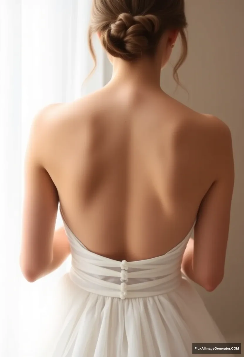 A young woman, sensitive, delicate, ashamed, wearing a backless, strapless, low-waisted, airy, ballet-inspired wedding dress. - Image