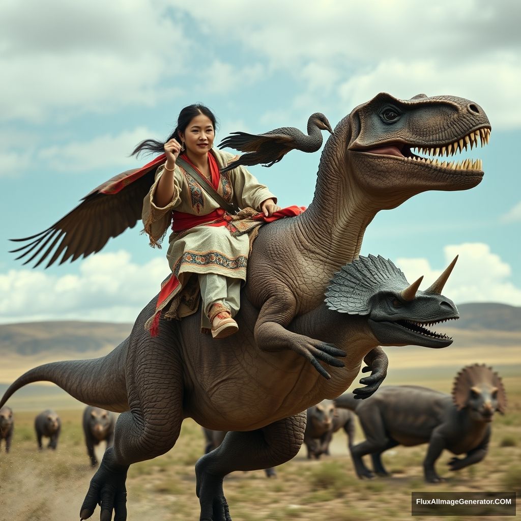 Close-up cinematic shot of a 20-year-old Mongolian woman wearing traditional Mongolian clothing riding a galloping T-rex at high speed, with a Pterodactyl sitting on its left hand, a pack of Velociraptors, Triceratops, and Spinosaurus running together on the Mongolian steppe, realistic photo.