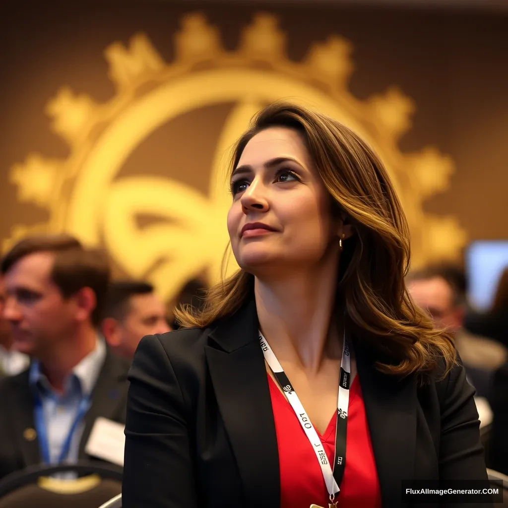 Woman at conference, blurred logo in background, Canon 6D. - Image