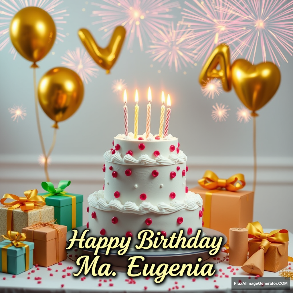 A 2 tiered birthday cake, 5 candles, gifts decorate the table, golden balloons float and fireworks accompany them in the background. A beautiful phrase reads "Happy Birthday Ma. Eugenia".