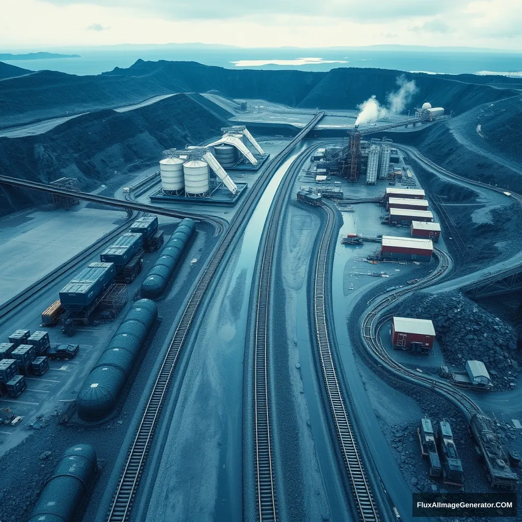 Aerial perspective, blue tones, a coal mine surface, coal washing plant, with uneven transporting tracks, as well as coal silos and buildings, real photo, 16:9. - Image