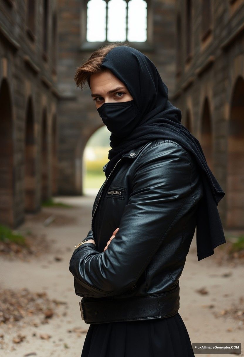 Jamie Dornan's head and body shot, handsome, face mask black, black leather jacket, dating, love with the biggest black hijab Muslim girl, not tall, beautiful eyes, face mask, maroon leather jacket, biggest black skirt, hyper realistic, studio photography, full body photo, explore at an abandoned castle.