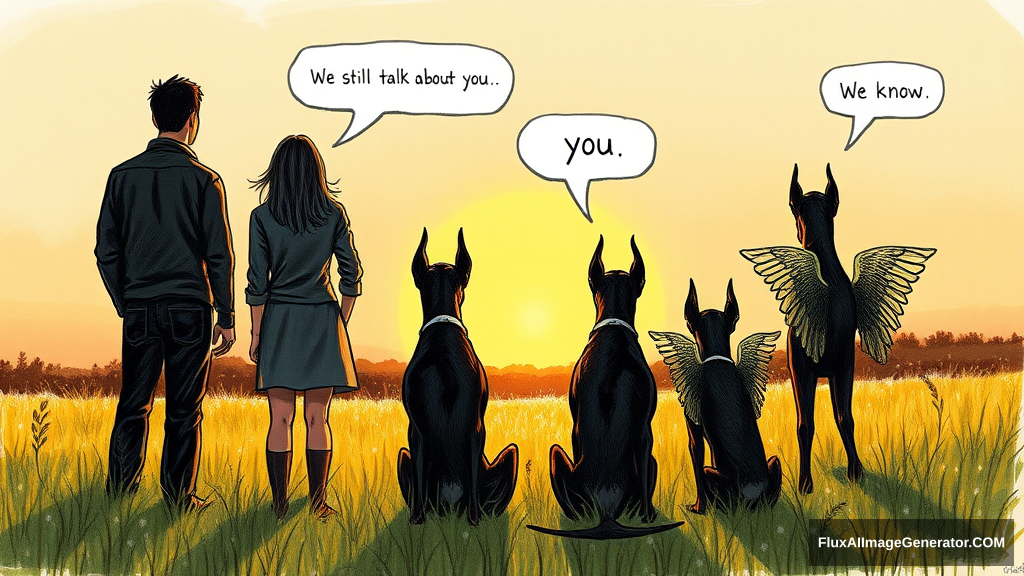 Messy, pencil sketch color illustration: 4 silhouetted figures—2 male, 2 female—stand in a lush meadow at golden hour. 3 ethereal, winged Dobermans sit beside them. Facing away from the viewer. Speech bubbles float above: "We still talk about you" (human), "We know" (dog). Nostalgic atmosphere, conveying wistful longing. - Image