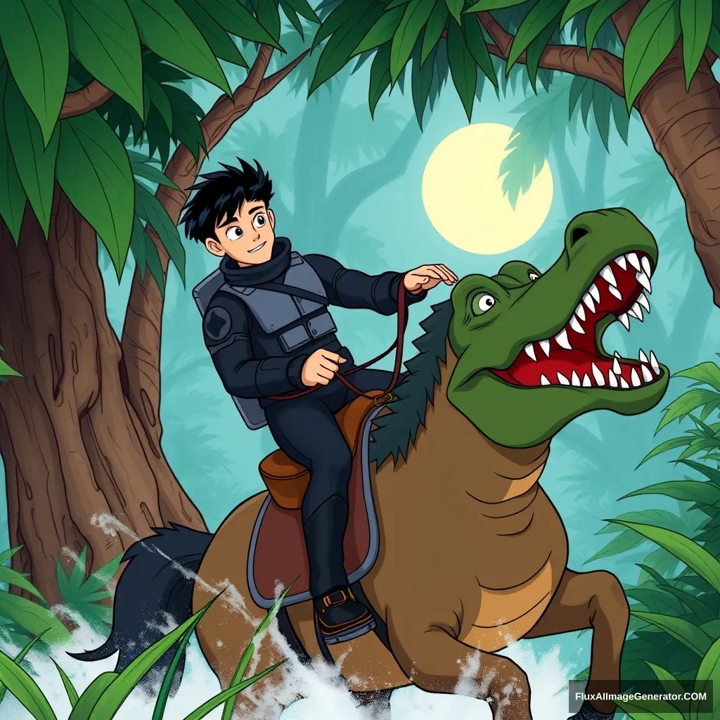 Dark-haired young man wearing an all-black space suit, riding a horse in a jungle, escaping a giant crocodile. It's a cartoon from the 90s, like Batman: The Animated Series. - Image