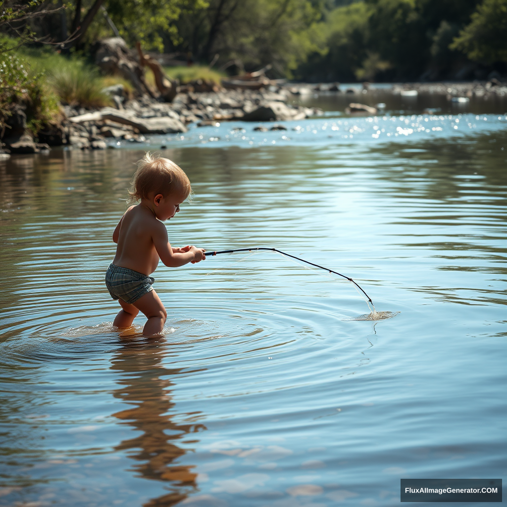 The little child is fishing in the river with their bare bottom. - Image