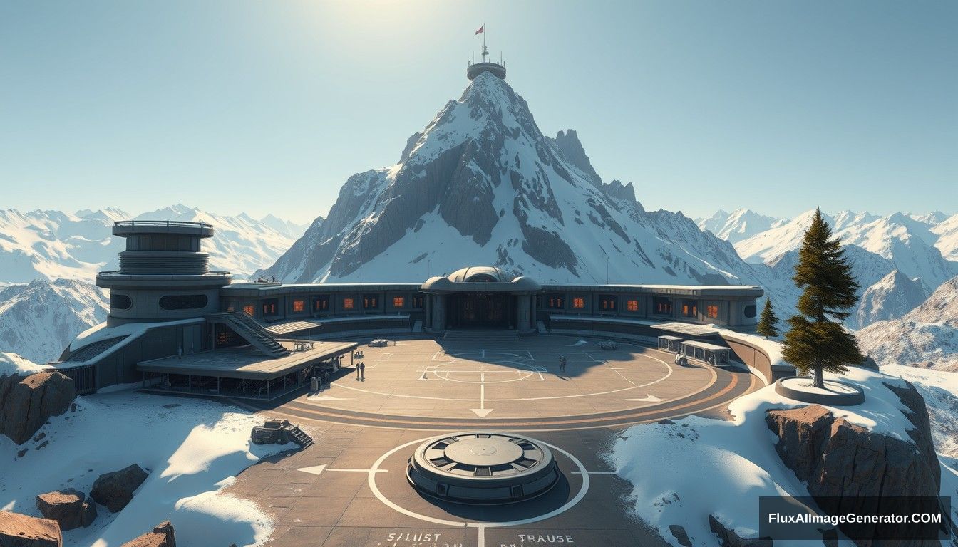 Cel shaded art, wide shot, a sci-fi center on the top of a snow mountain, open air, close look, cyberpunk, military base, Star Wars style, indoor, patio, morning, sunlight, fortress, mountain, rock, snow, tarmac, parking apron, cave, tree, landing field, cliff, round shape, tower.