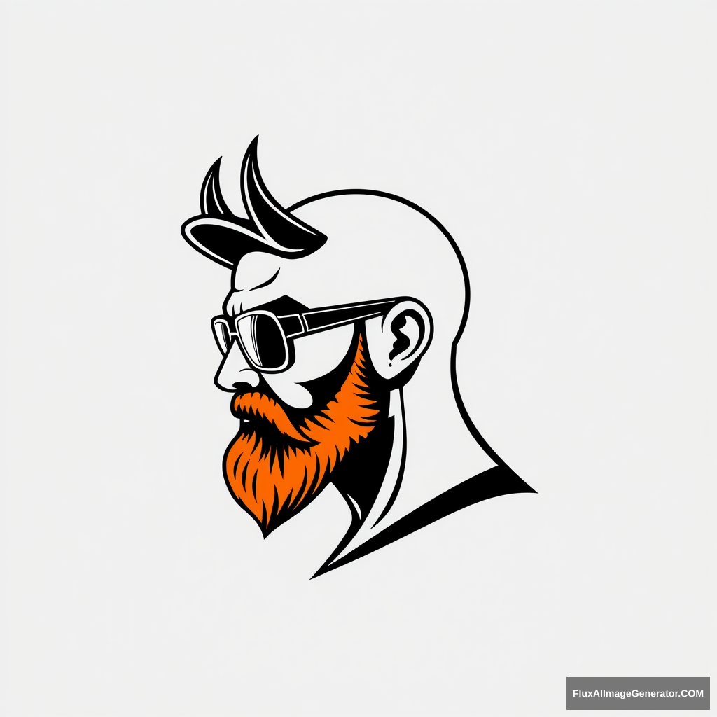 Sleek vector logo design: bald human male, three-quarter view, with demonic horns and short trimmed fiery ginger beard. Minimalist flat cap and aviator glasses. 3D printer layer lines texture. Monochromatic color scheme with bold negative space. Retro-futuristic feel, evoking 1980s cyberpunk aesthetics.