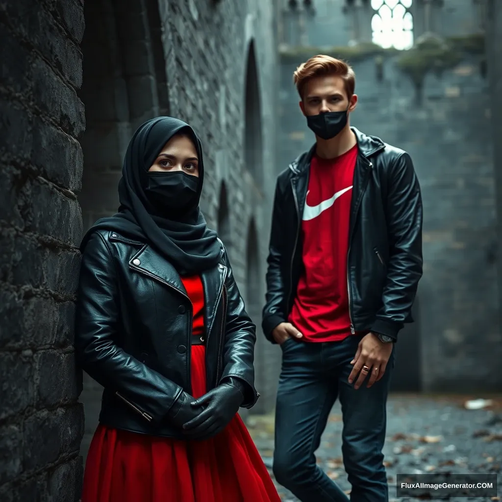 A biggest black hijab girl, beautiful eyes, face mask black, black leather jacket, biggest red longest dress, untall,

Jamie Dornan, handsome, face mask black, fit and tough body, Nike red t-shirt, black leather jacket, jeans, tall man,

standing lean at wall together, 
Hyper realistic, photorealistic, studio photography, Victoria's abandoned castle, gloomy, darkness.