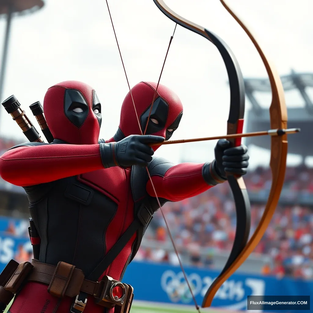 Deadpool practicing archery at the Olympics - Image