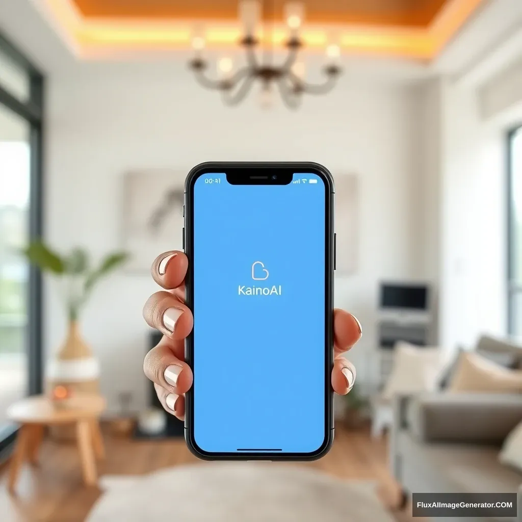An interior designer holds a phone, and the phone screen shows the KainoAI app, which has a blue style. - Image