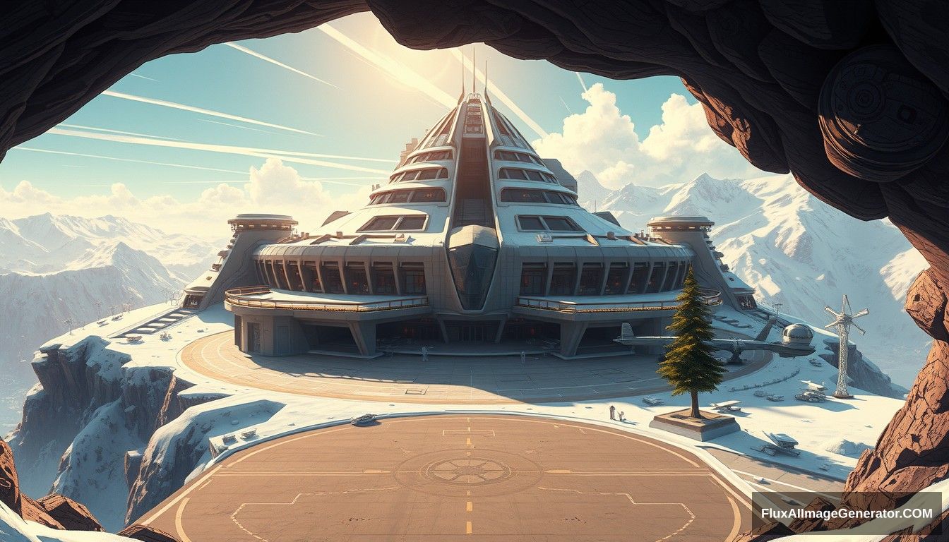 Cel shaded art, wide shot, a sci-fi center on the top of a snow mountain, open air, close look, cyberpunk, military base, Star Wars style, indoor, patio, morning, sunlight, fortress, mountain, rock, snow, tarmac, parking apron, cave, tree, landing field, cliff, round shape, tower. - Image