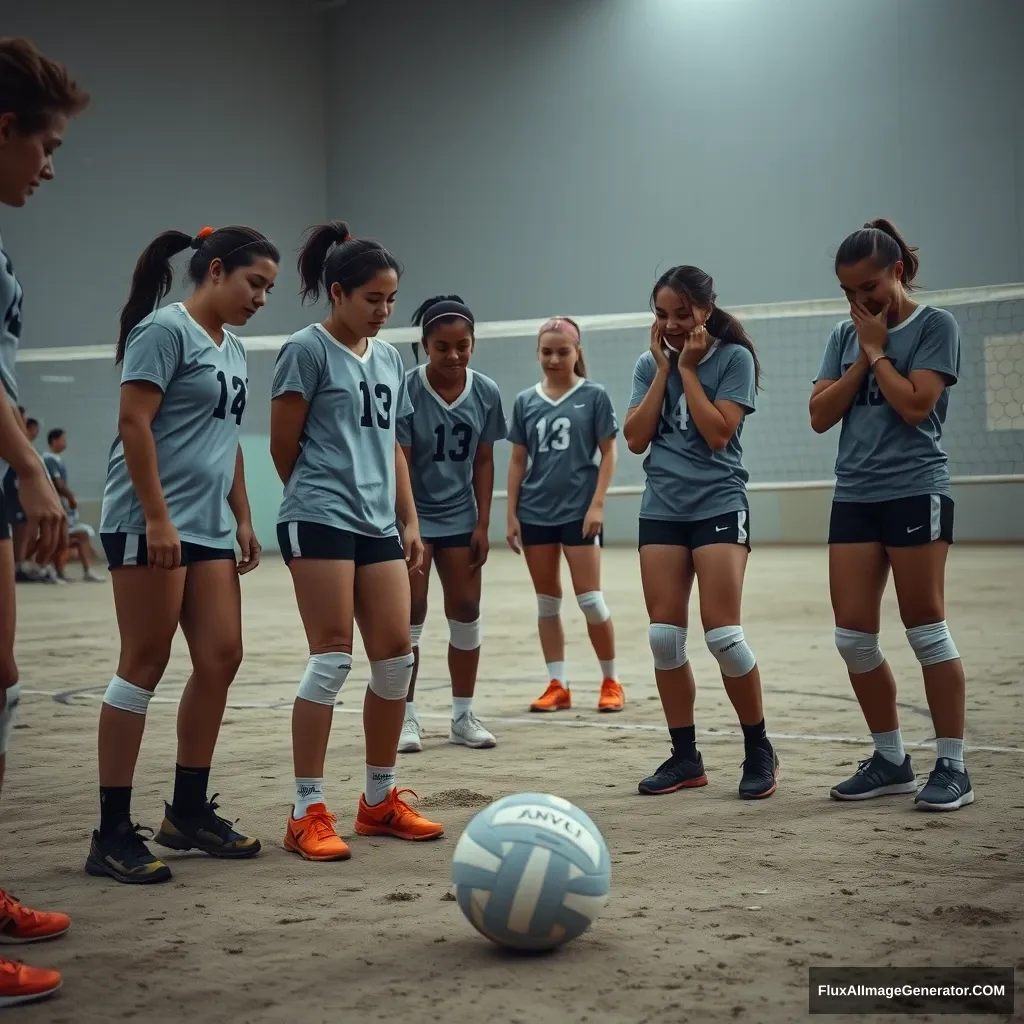 A volleyball team dropping a ball to the ground and crying because of the loss.