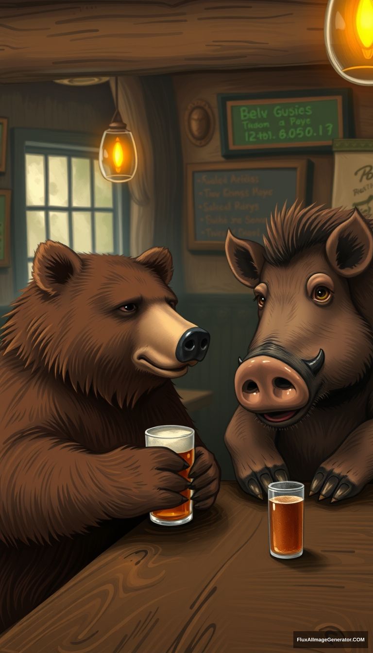 a bear and a boar having beer at a bar - Image